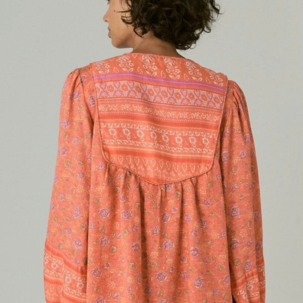 Lucky Brand Size Xs Lace Up Border Print Peasant Blouse Orange Foral Prairie - Picture 4 of 9